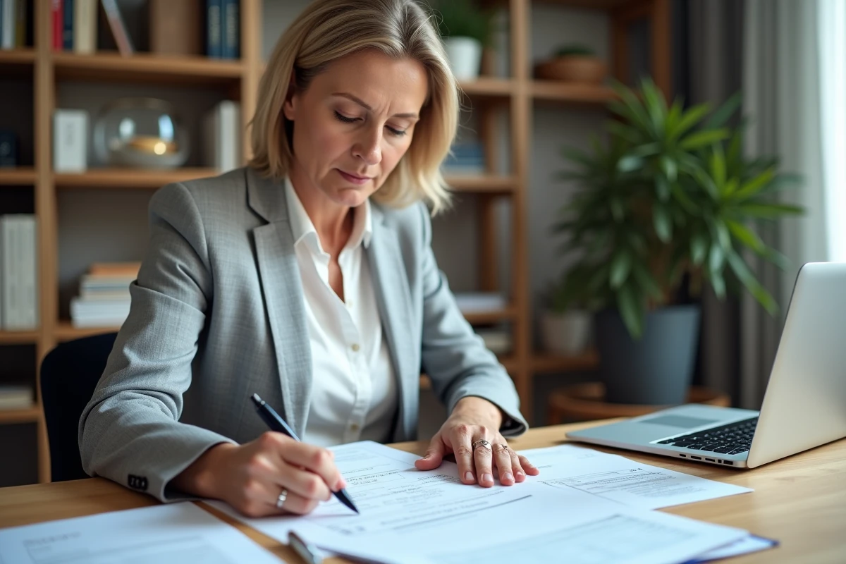 Femme remplissant un formulaire cerfa fiche d'immeuble à son bureau à domicile