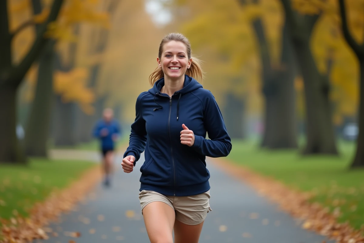 Femme courant dans un parc urbain en automne portant une tenue de sport bleue, conseils running et activité physique pour retrouver la forme