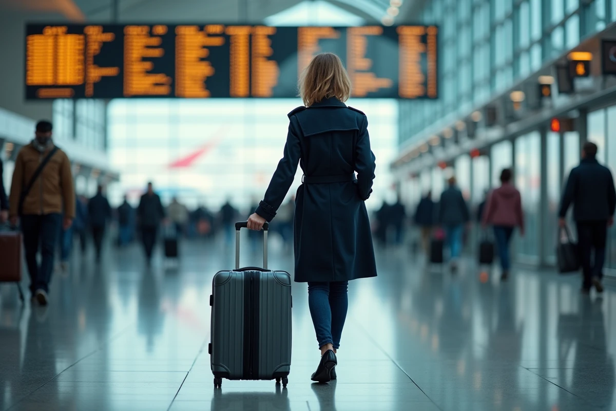 Femme tirant une valise dans un aéroport international, evoquant le départ précipité pour fuir des dettes en France