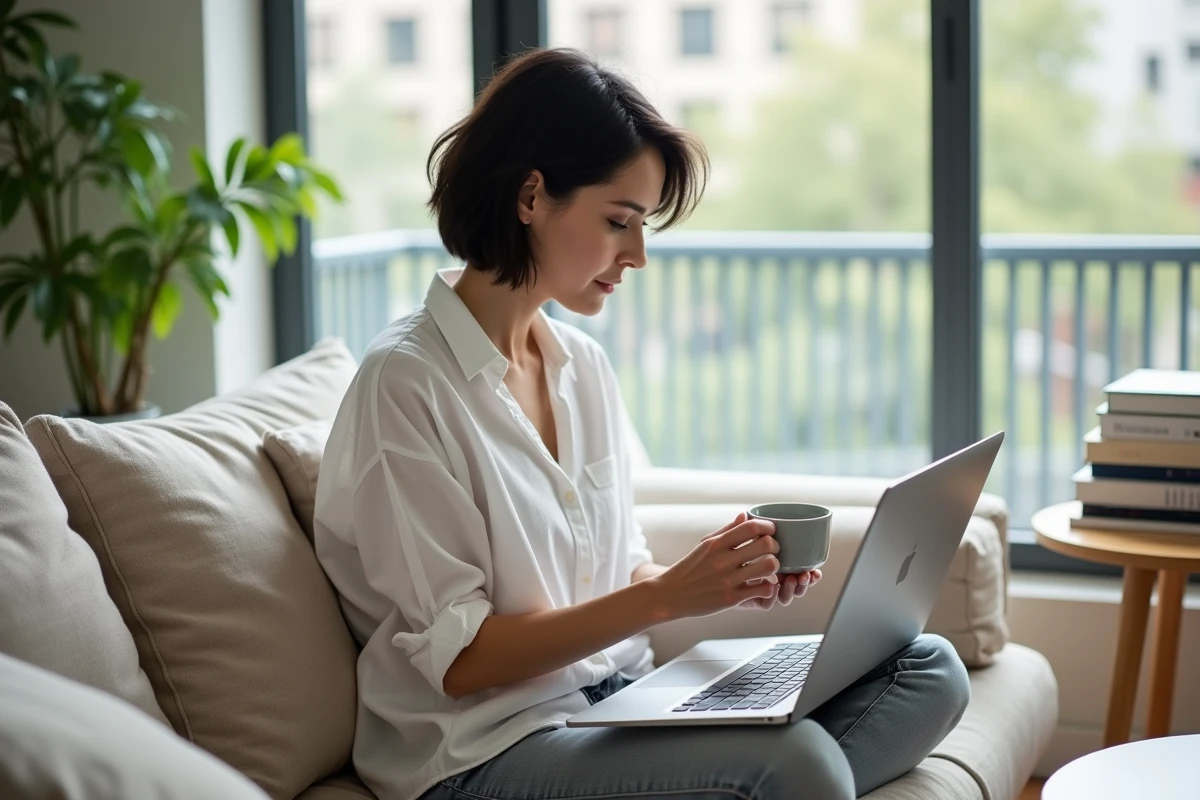 Femme webmaster travaillant sur son site web avec un laptop dans un salon scandinave moderne