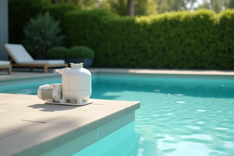Système de filtration de piscine au sel avec pompe et électrolyseur installés au bord d'une piscine résidentielle moderne