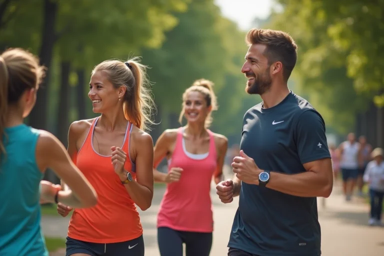 Jeunes adultes en tenue de sport souriants avant une course en parc