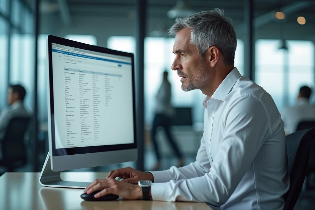 Homme consultant un annuaire de téléchargement organisé sur un grand écran dans un bureau professionnel