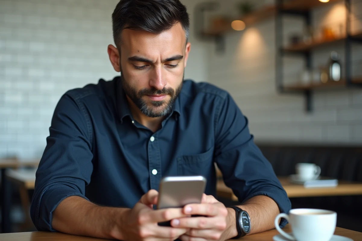 Homme consultant ses réservations passées sur l'application Booking depuis un café en ville