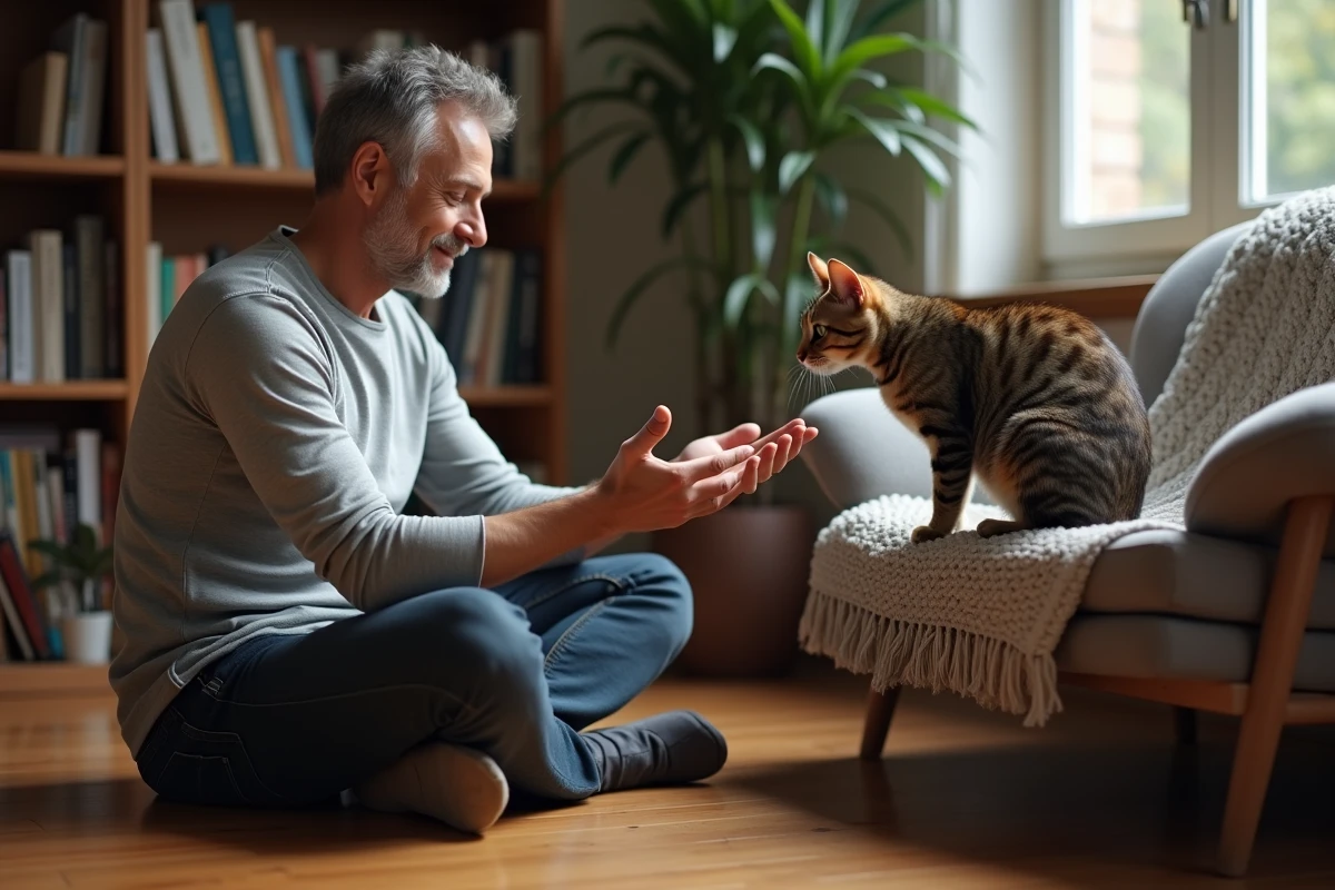 Homme assis au sol tendant la main vers un chat tigré dans un salon chaleureux, scène de communication et de confiance entre humain et félin