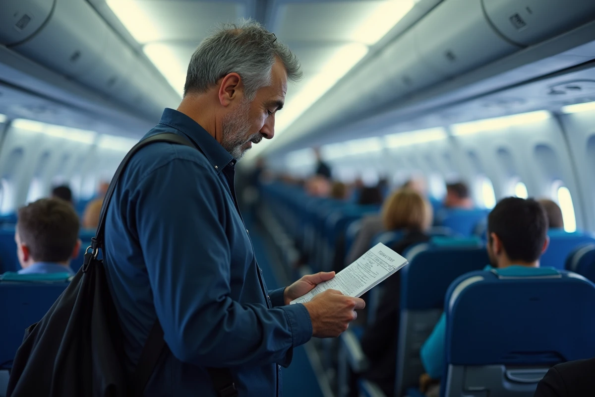 Homme dans l'allée d'un avion examinant sa carte d'embarquement pour choisir la meilleure place