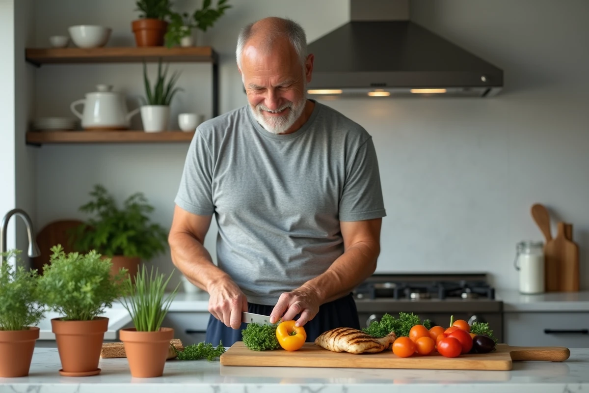 Homme d'une quarantaine d'années préparant un repas équilibré avec des légumes frais dans une cuisine moderne, conseils nutrition pour prendre soin de son corps