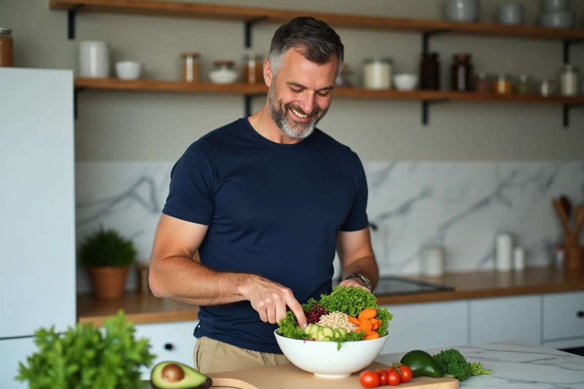 Homme préparant une salade saine dans une cuisine moderne dans le cadre d'une alimentation équilibrée au quotidien