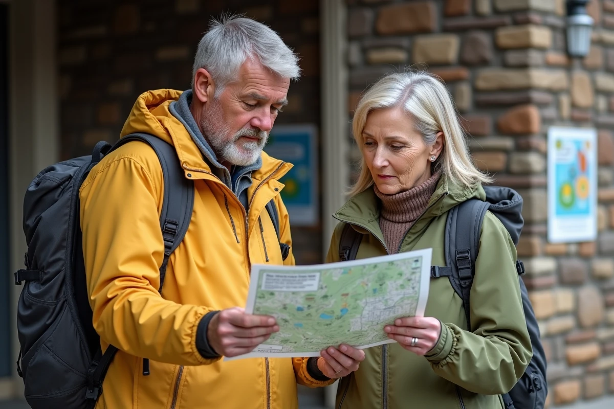 Homme et femme discutant avec carte devant centre recreation