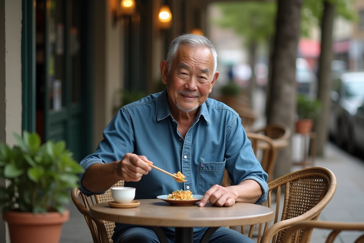 Homme âgé dégustant un nem au café en extérieur
