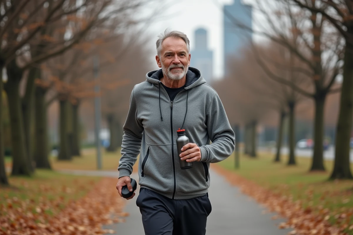 Homme marchant dans un parc urbain en automne avec une bouteille d'eau pour maintenir une bonne santé physique