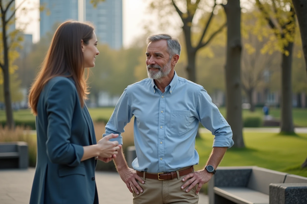 Homme discutant avec une coach dans un parc urbain