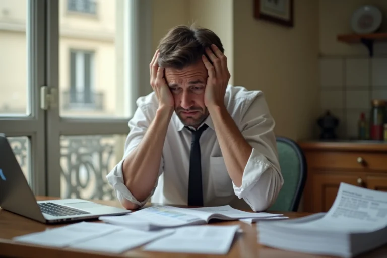 Homme stressé face à des dettes financières dans un appartement français, entouré de documents et factures impayées