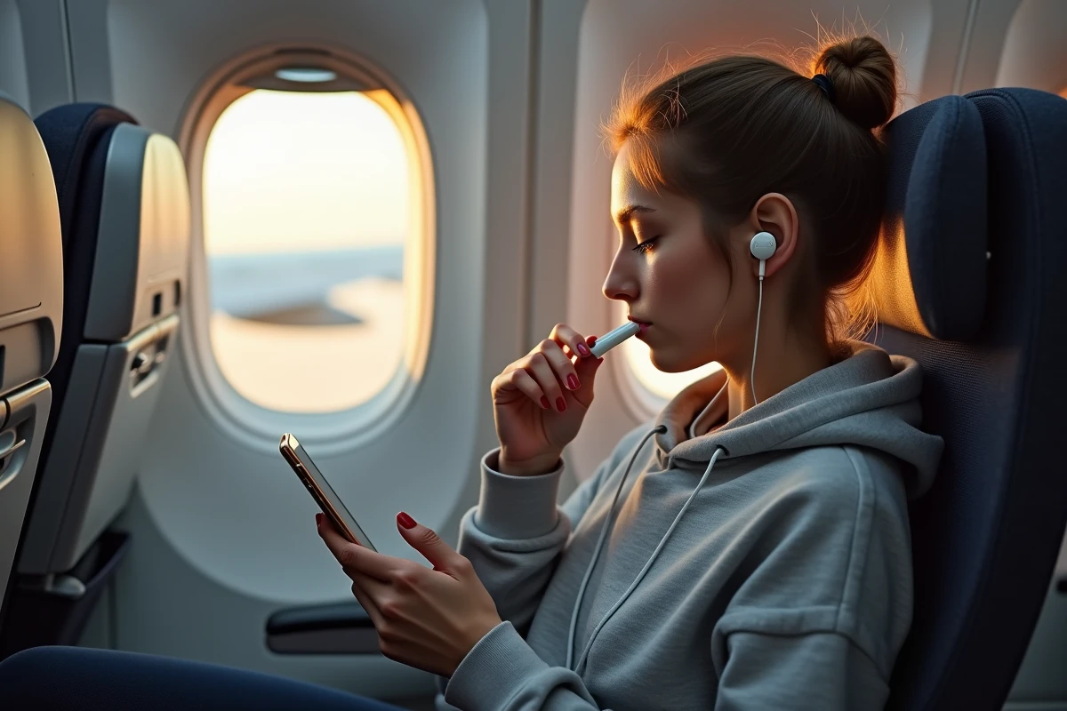 Jeune femme détendue dans un siège d'avion au-dessus de l'aile avec des écouteurs pour protéger ses oreilles en vol