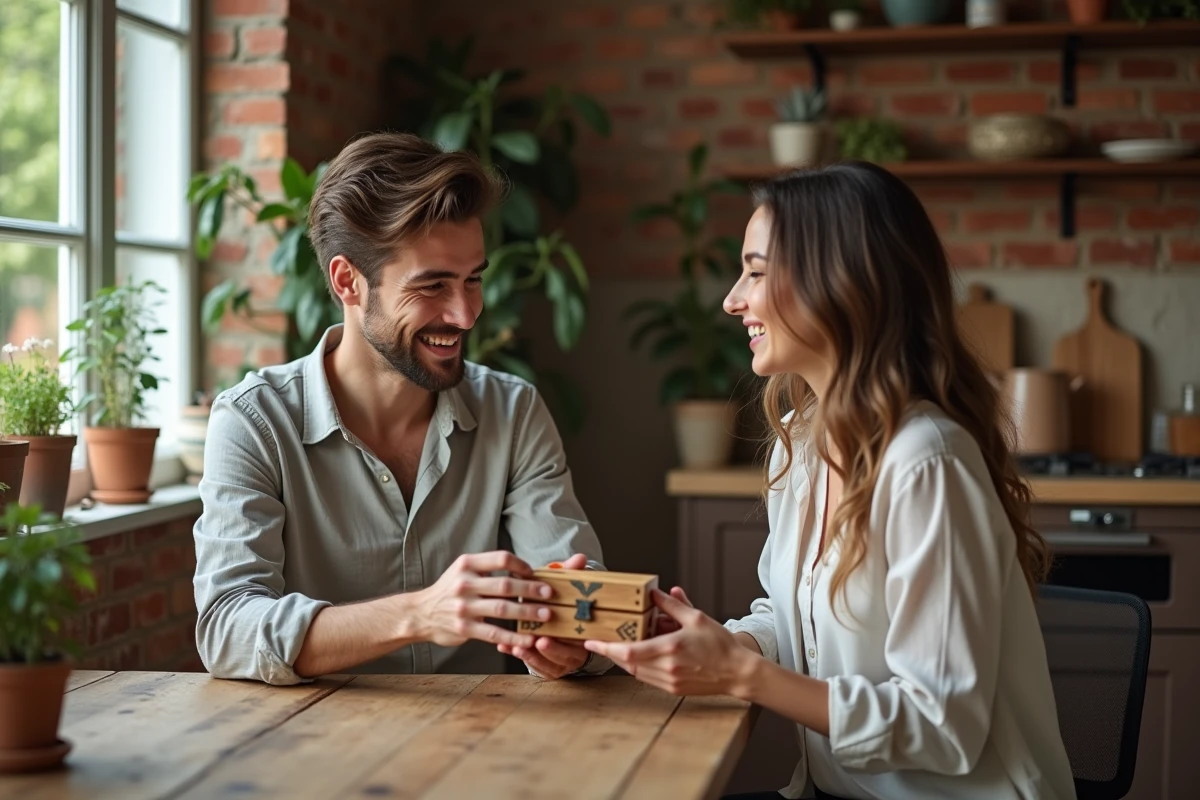 Jeune homme présentant une boîte à bijoux artisanale à son ami