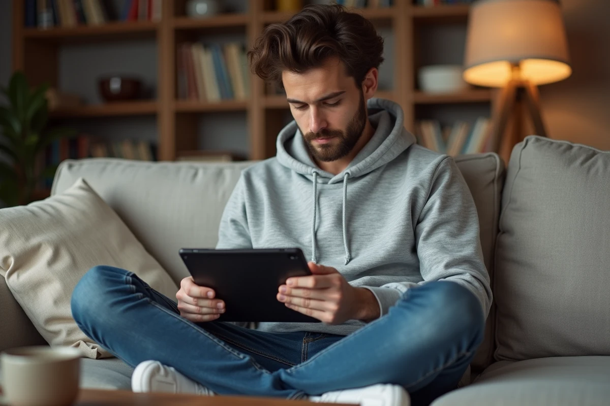 Jeune homme comparant des annuaires de téléchargement sur une tablette installé dans un salon confortable