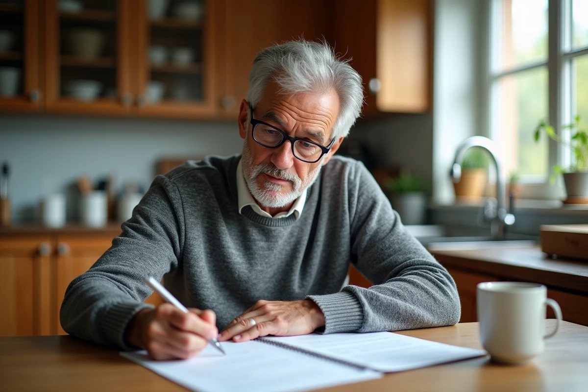 Homme lisant attentivement les conditions d'un contrat d'assurance Privilion à son domicile