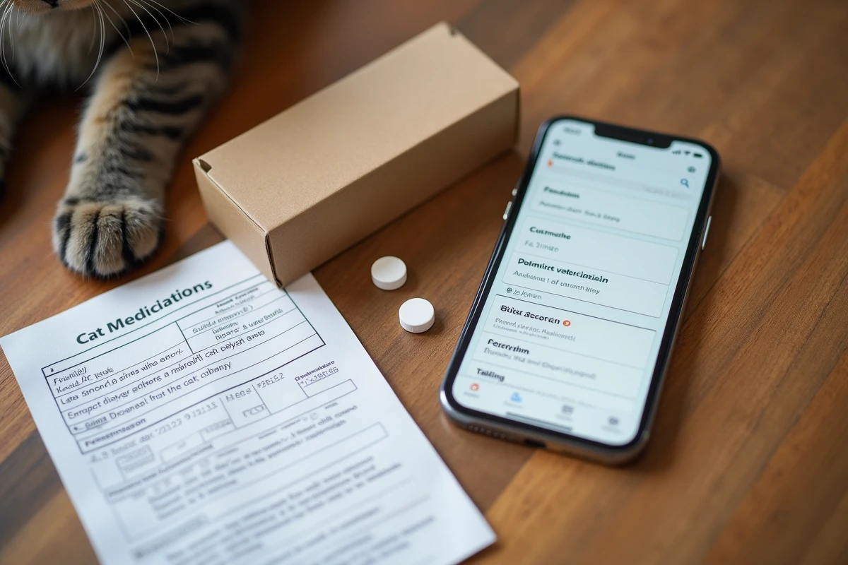 Vue de dessus d'une boîte de médicaments pour chat, une pilule, une ordonnance et un smartphone sur une table en bois