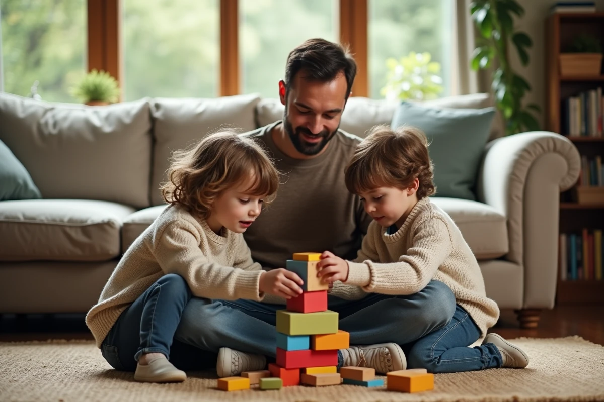 Père jouant avec ses enfants sur le tapis du salon, moment de complicité familiale autour d'un jeu de construction en bois