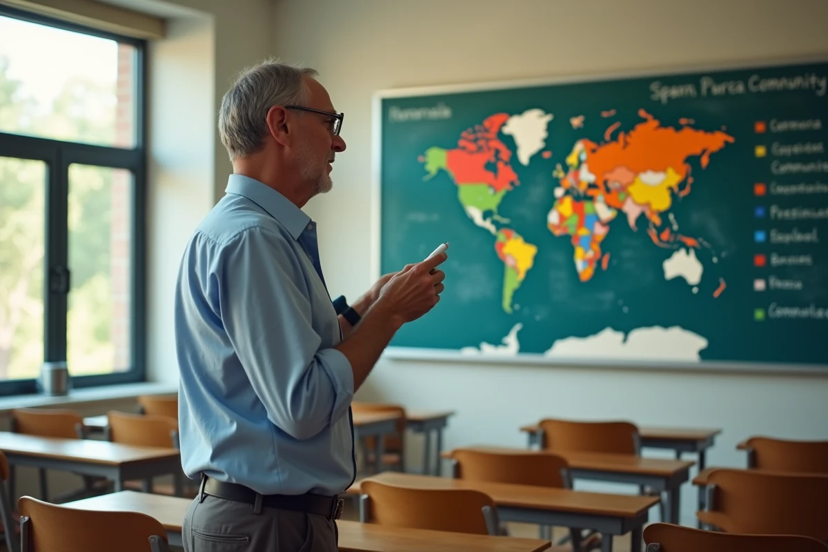 Professeur d'espagnol montrant une carte du monde en classe pour expliquer les différences entre pays hispanophones et pays latino-américains