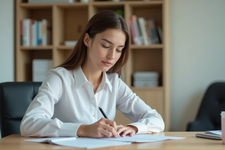 Jeune femme rédigeant une lettre de motivation pour un CAP Vente en apprentissage à son bureau