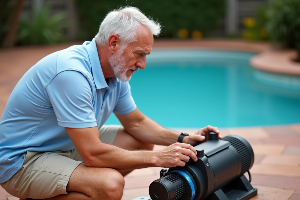 Homme réglant le minuteur de la pompe à filtration d'une piscine au sel dans un jardin résidentiel