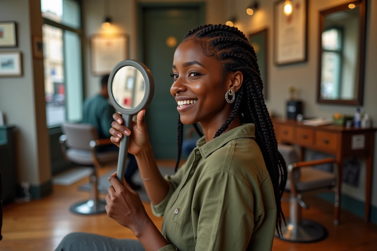 Femme satisfaite admirant sa nouvelle coiffure dans un salon pas cher à Lyon