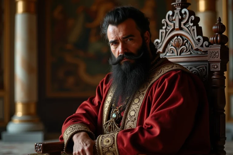 Homme mature en costume historique sur un trone richement orne