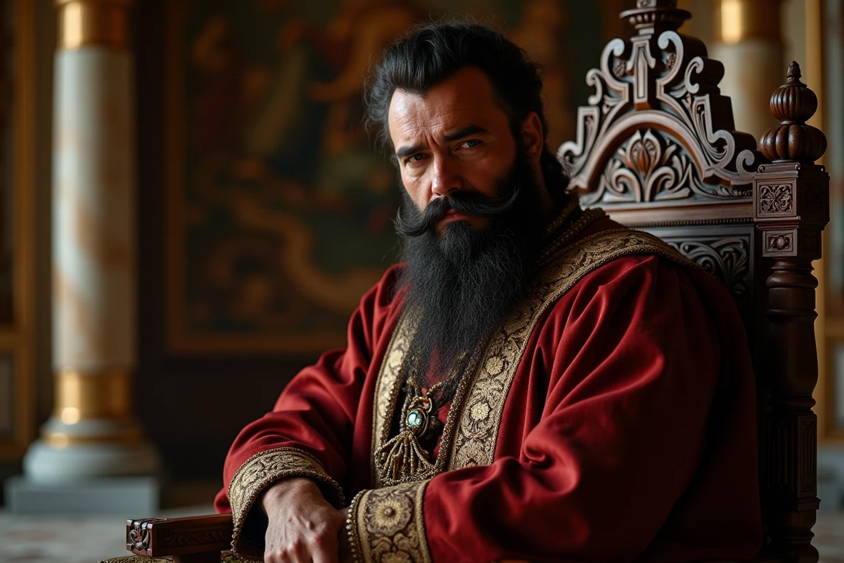 Homme mature en costume historique sur un trone richement orne