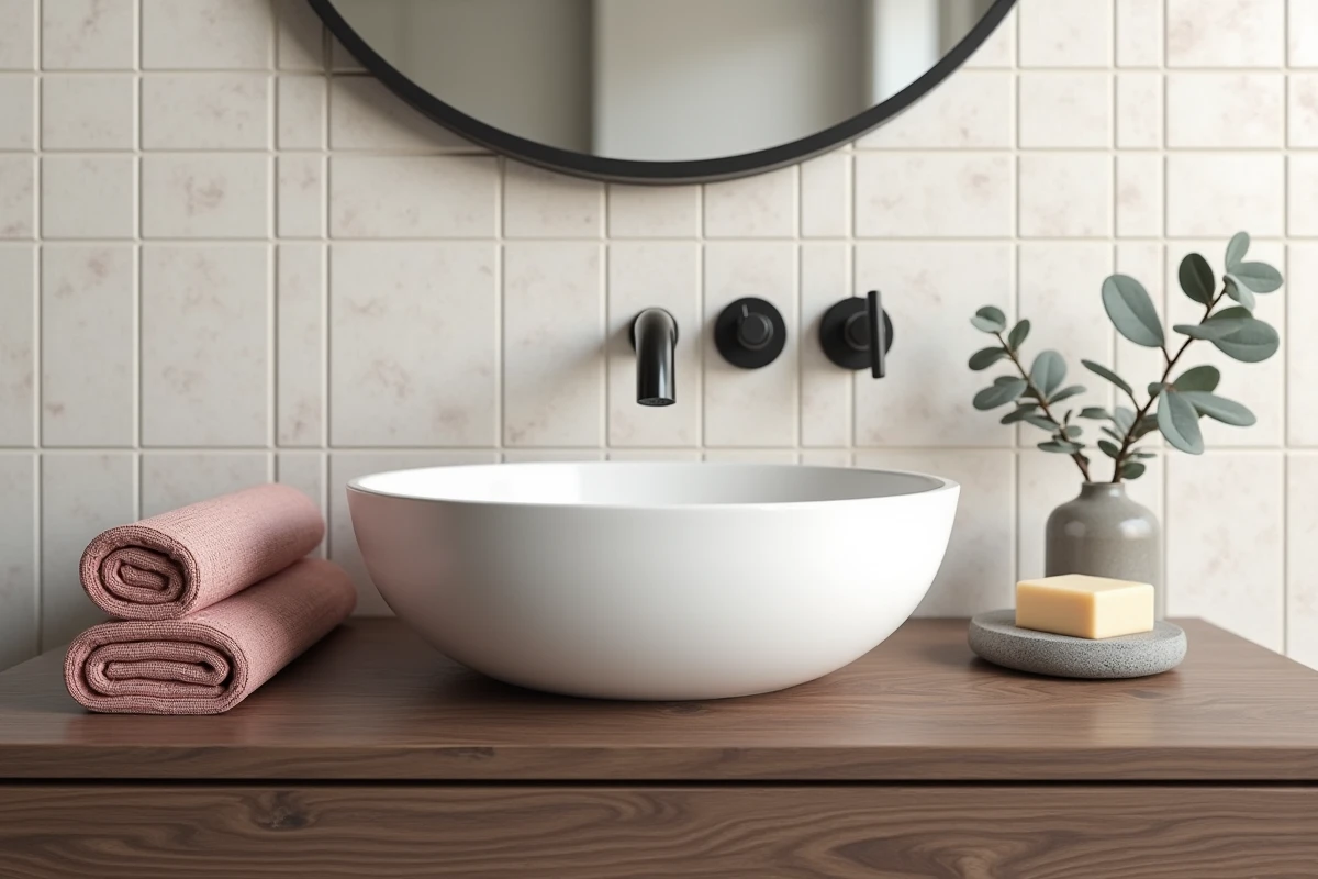 Salle de bain moderne avec meuble vasque en chêne fumé, carreaux zellige blanc cassé et serviette en gaufré rose poudré
