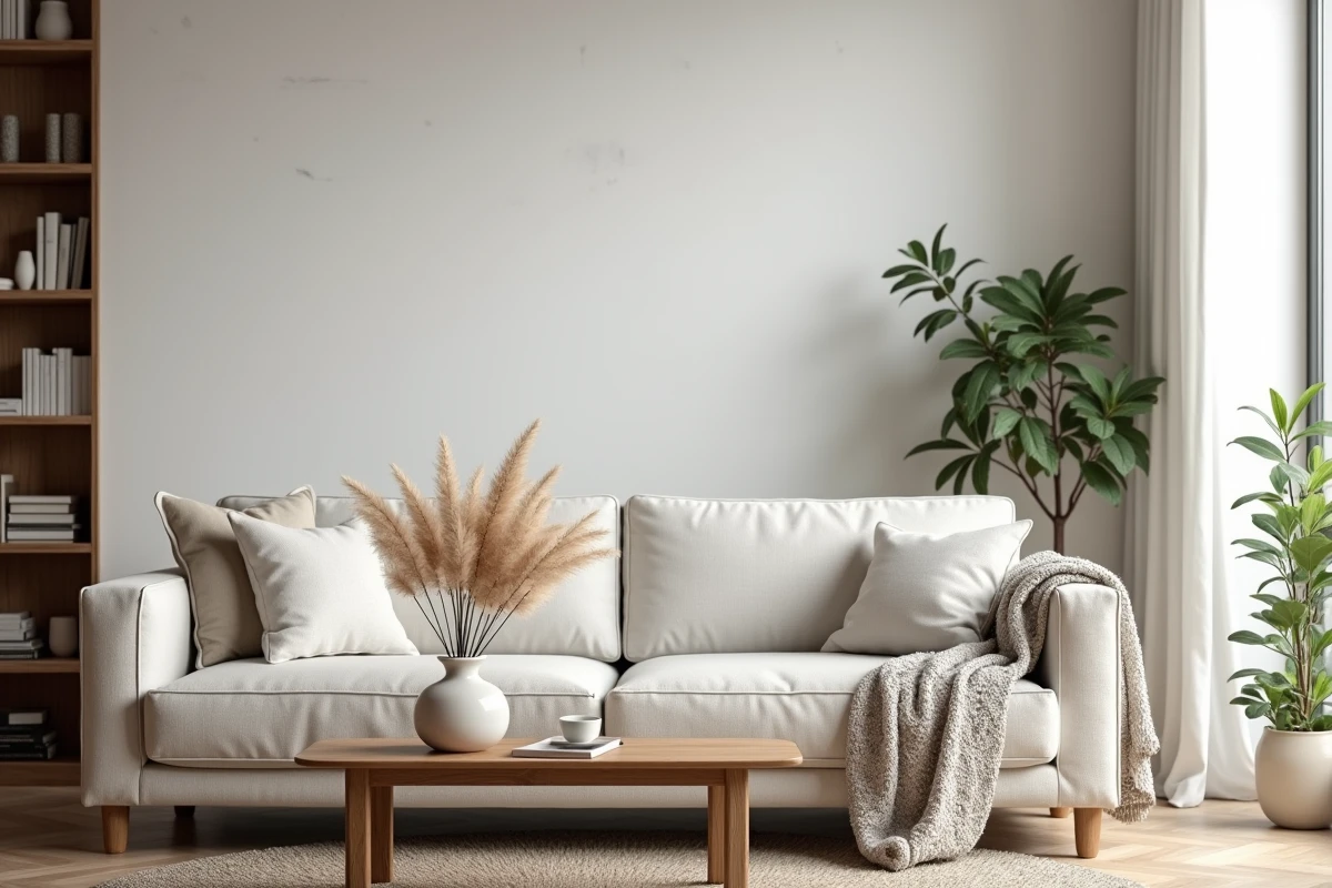 Salon scandinave cosy avec canapé en lin, table basse en chêne et vase en céramique avec herbes de la pampa séchées
