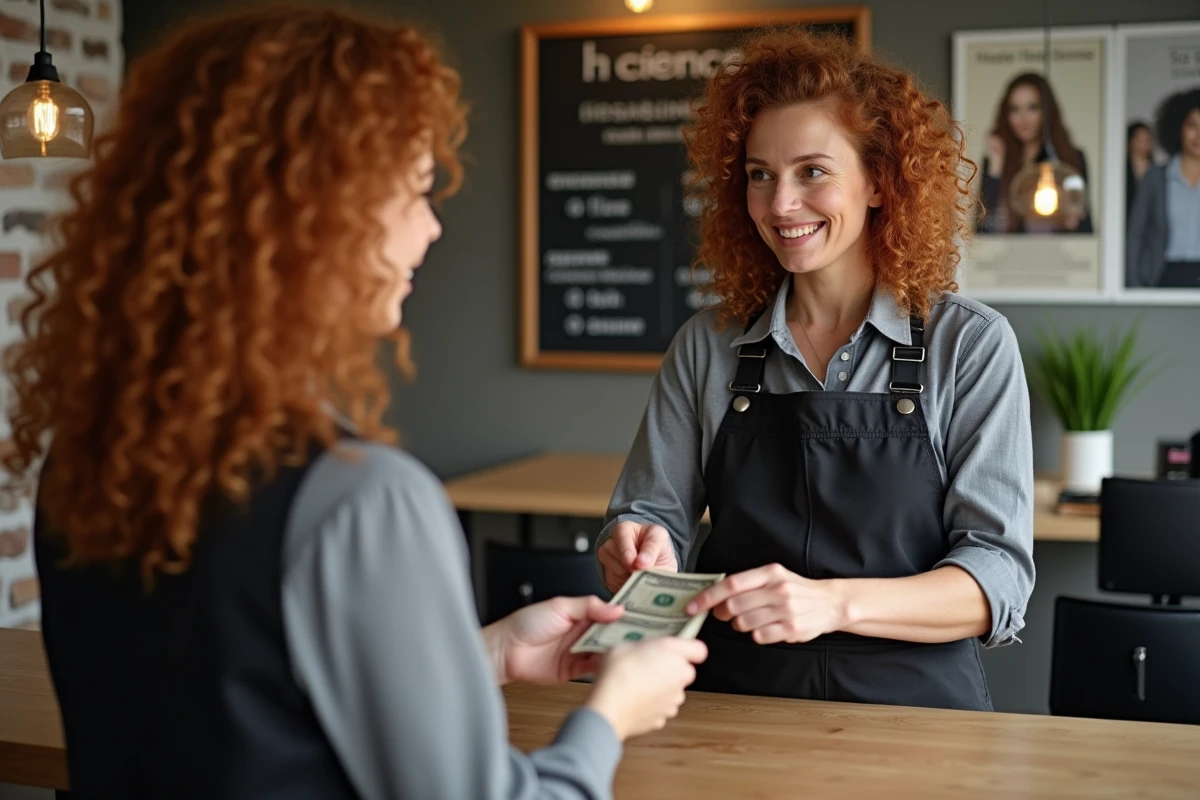 Femme payant une coupe de cheveux abordable dans un petit salon de coiffure lyonnais