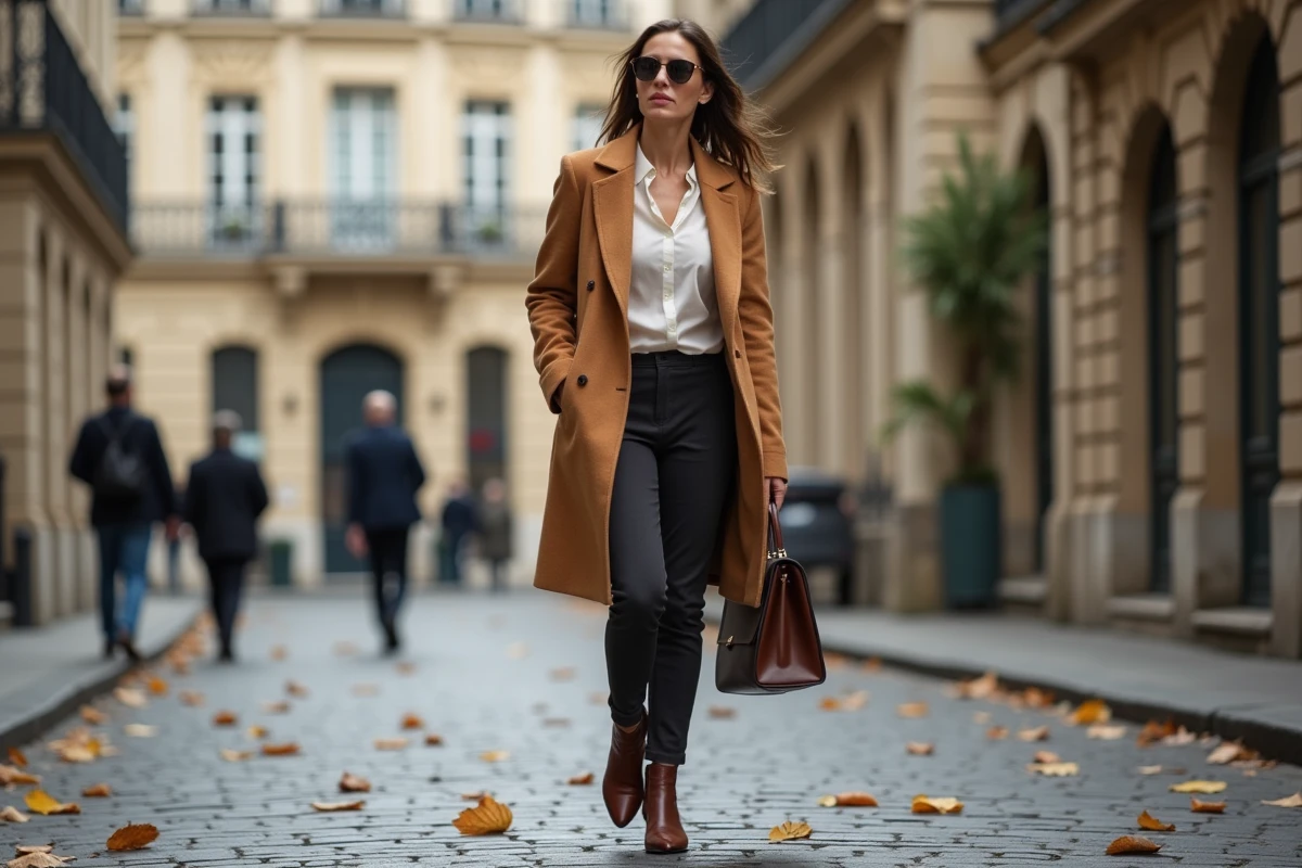 Femme élégante en manteau camel marchant sur un boulevard parisien en automne, tendances mode Paris
