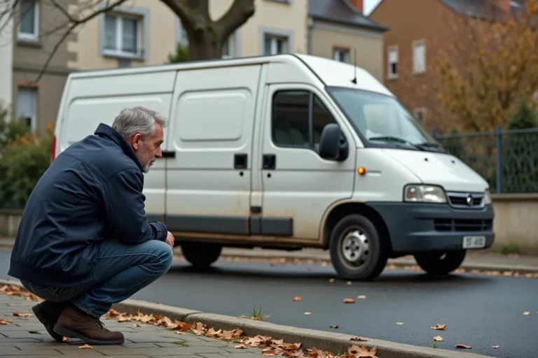Homme examinant un utilitaire d'occasion blanc garé dans une rue résidentielle française, idéal pour petit budget