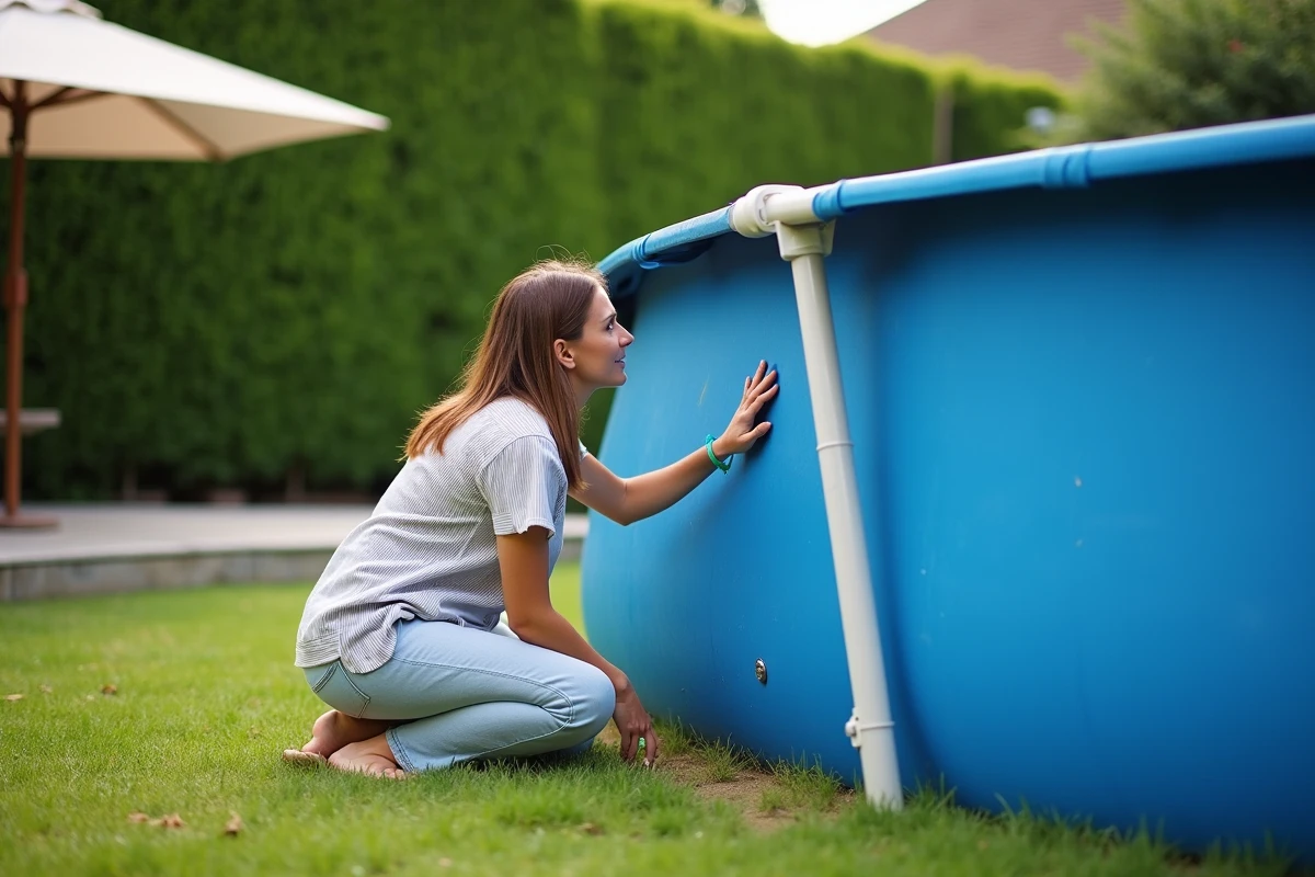 Femme utilisant un niveau à bulle pour vérifier le sol sous une piscine autoportée penchée dans un jardin