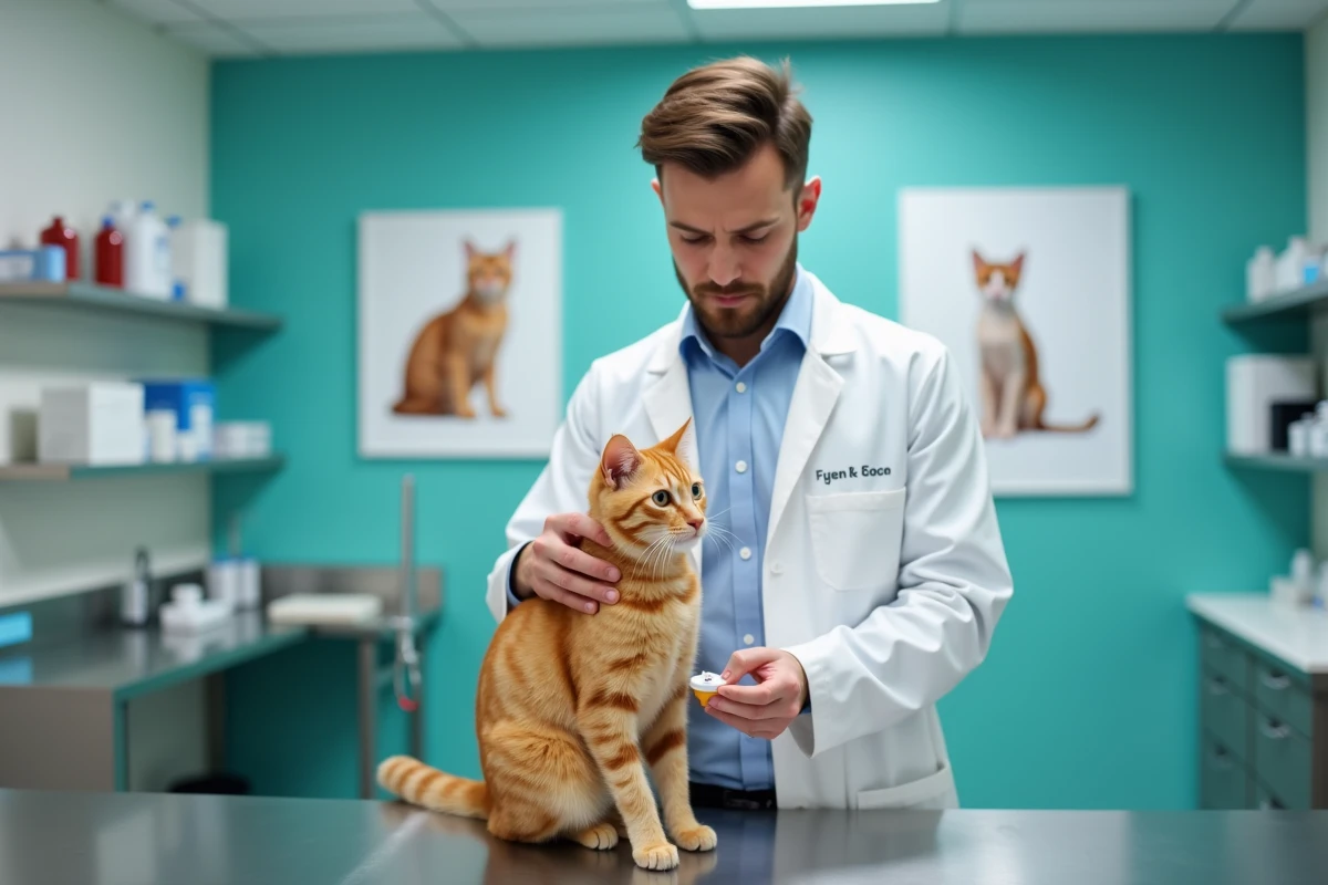 Vétérinaire examinant un chat roux et une boîte de médicaments dans une clinique vétérinaire moderne