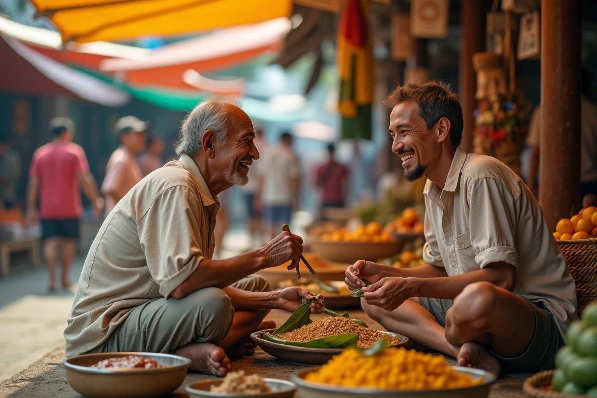 Jeune voyageur partageant un repas traditionnel avec un vendeur local dans un marché animé d'Asie du Sud-Est