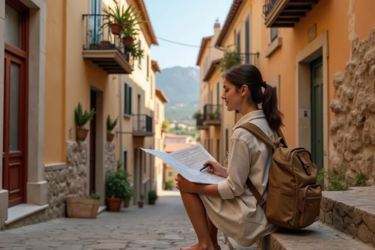 Voyageuse solo explorant une ruelle pavée d'un village méditerranéen authentique avec une carte artisanale à la main