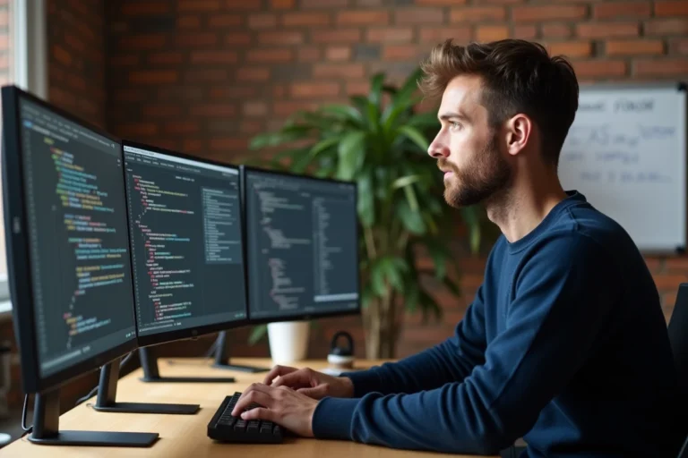 Webmaster homme concentré travaillant sur plusieurs écrans avec code et analytics dans un bureau moderne