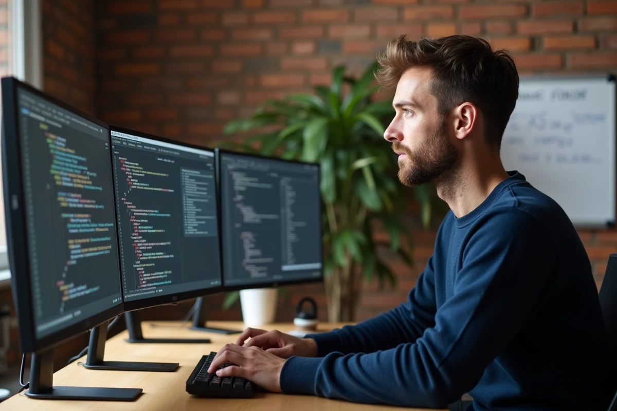 Webmaster homme concentré travaillant sur plusieurs écrans avec code et analytics dans un bureau moderne
